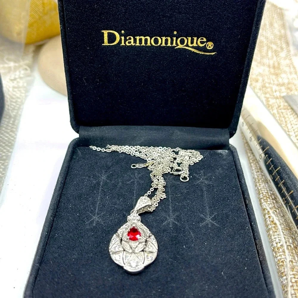 Vintage QVC Diamonique Garnet Necklace - Sterling Silver 925 - Picture 15 of 17